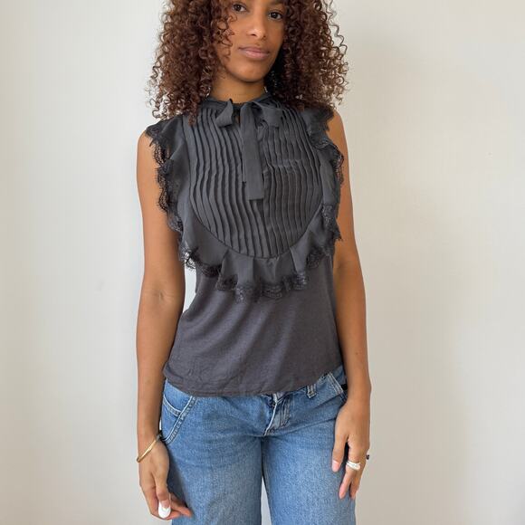 Vintage Kookai pleated silk-collar sleeveless top with lace trim (S/M) - Picture 4 of 9